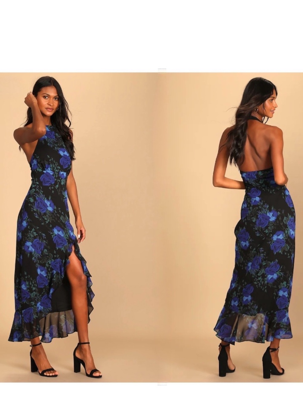NWT Lulus Elegant Entrance Black Floral Print Halter Maxi Dress S